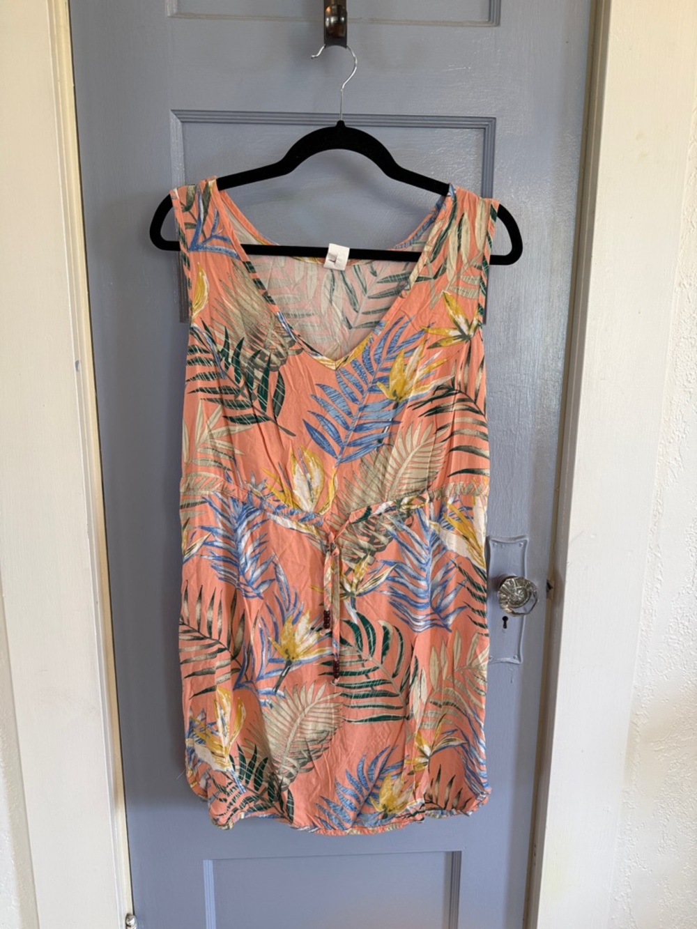 Sleeveless Coral Tropical Midi Dress with Drawstring Waist